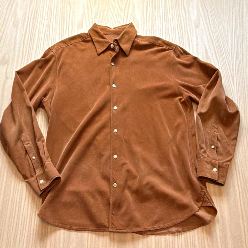 Tommy Bahama Mens L Brown Silk Cotton Long Sleeve Button Up Point Collar Shirt